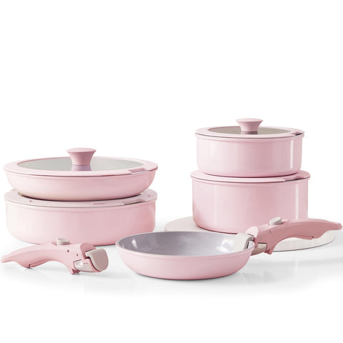 Vkoocy pink non-stick set with removable handles for space-saving storage