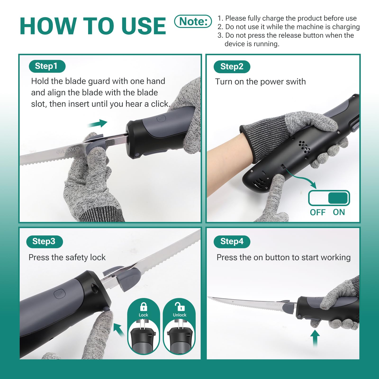 VLOXO non-slip handle reduces fatigue during extended use.