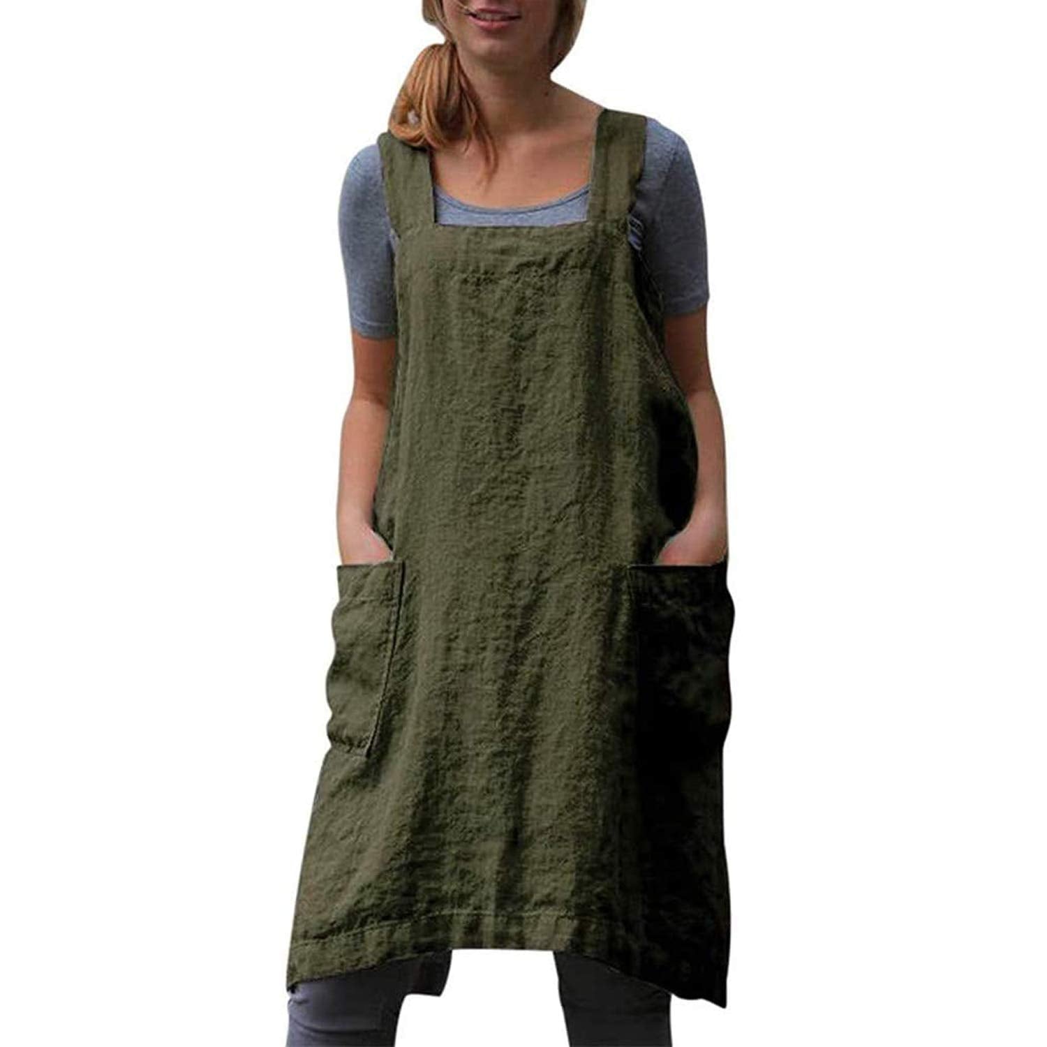 VLZUFE cross-back cotton linen apron with large pockets for cooking