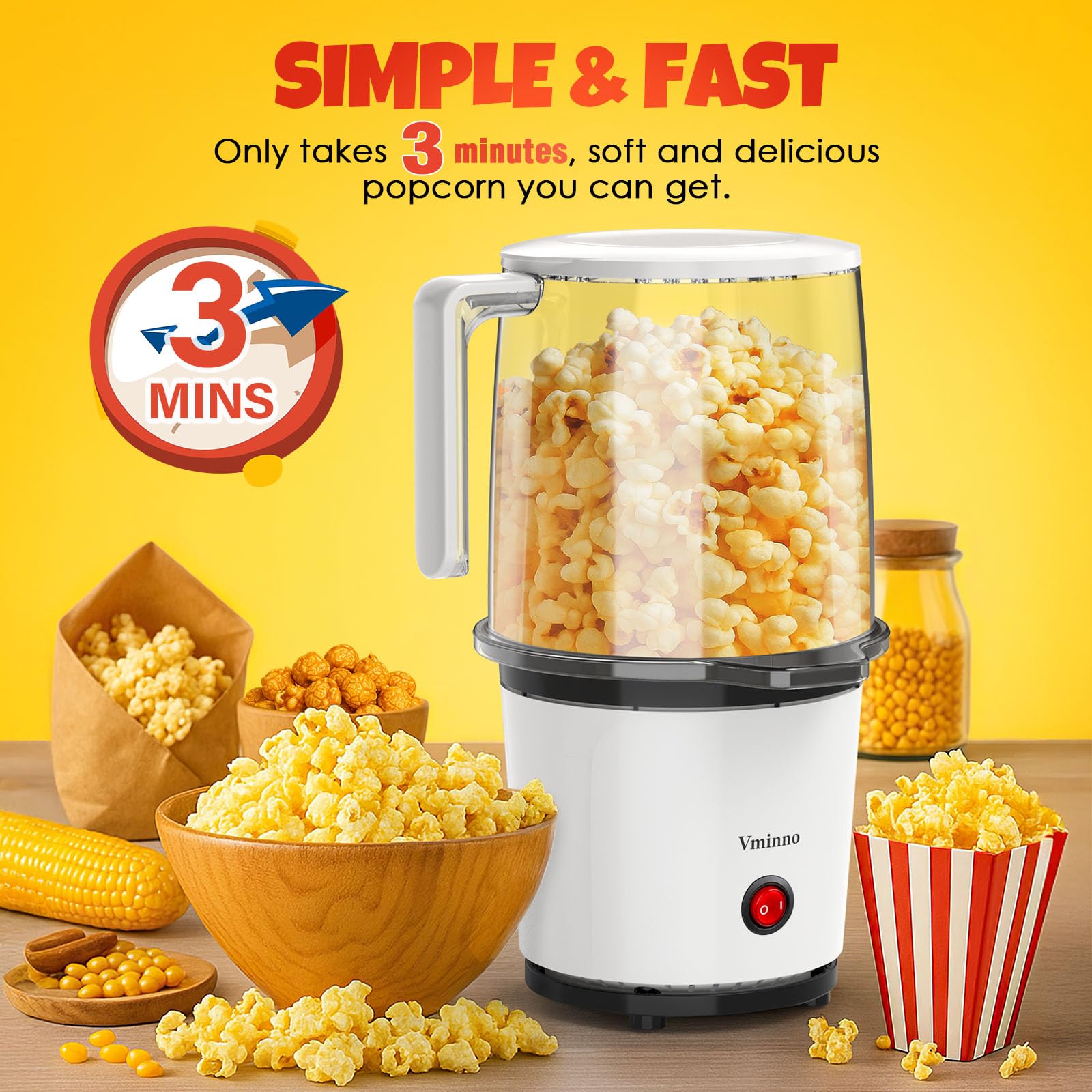 Vminno on/off switch popcorn showcases safe, simple operation for busy evenings