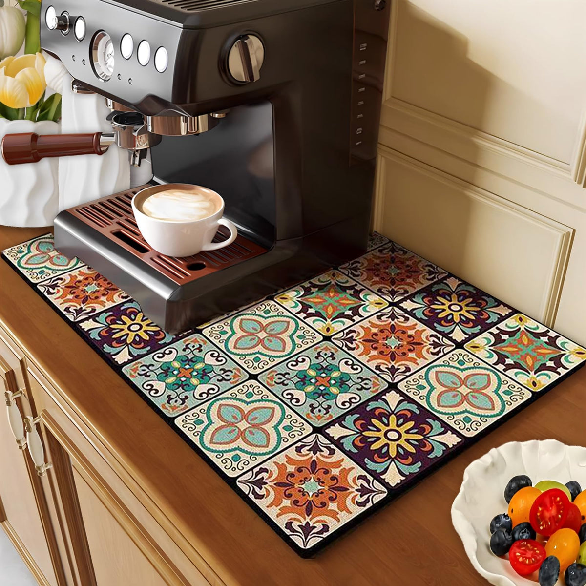 Vmogeicons coffee mat on counter showing absorbent surface for spills