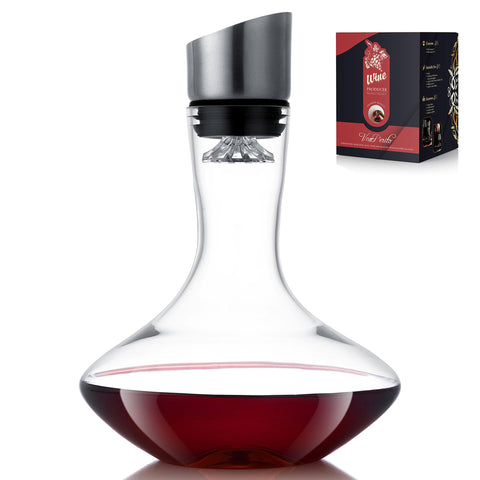VnoPerito wine decanter with built-in aerator pourer for fast, even aeration.
