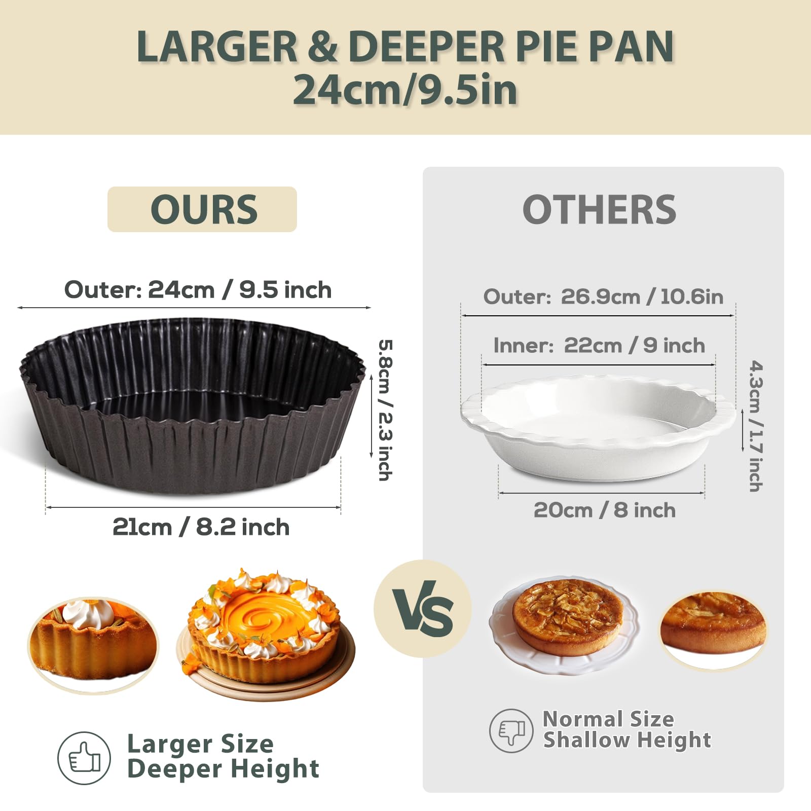 Vnray deep pie pan side view showing tall depth for generous fillings