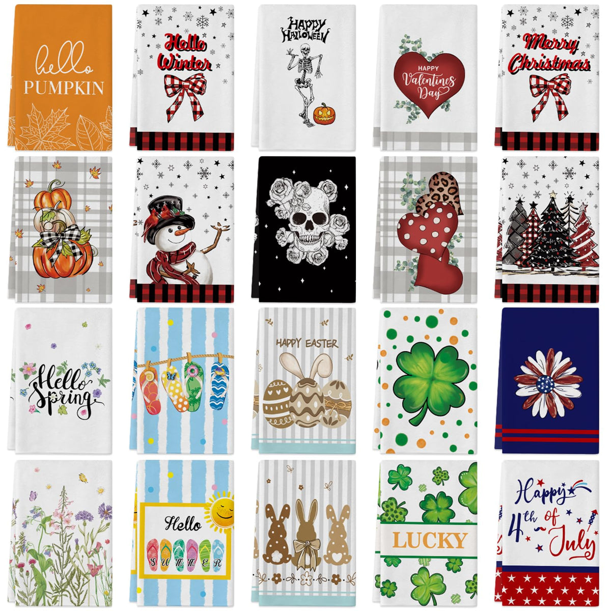 Voajocc seasonal kitchen towels set showcasing 20 patterns for year-round decor and practicality.