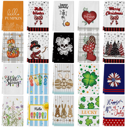 Voajocc seasonal kitchen towels set showcasing 20 patterns for year-round decor and practicality.