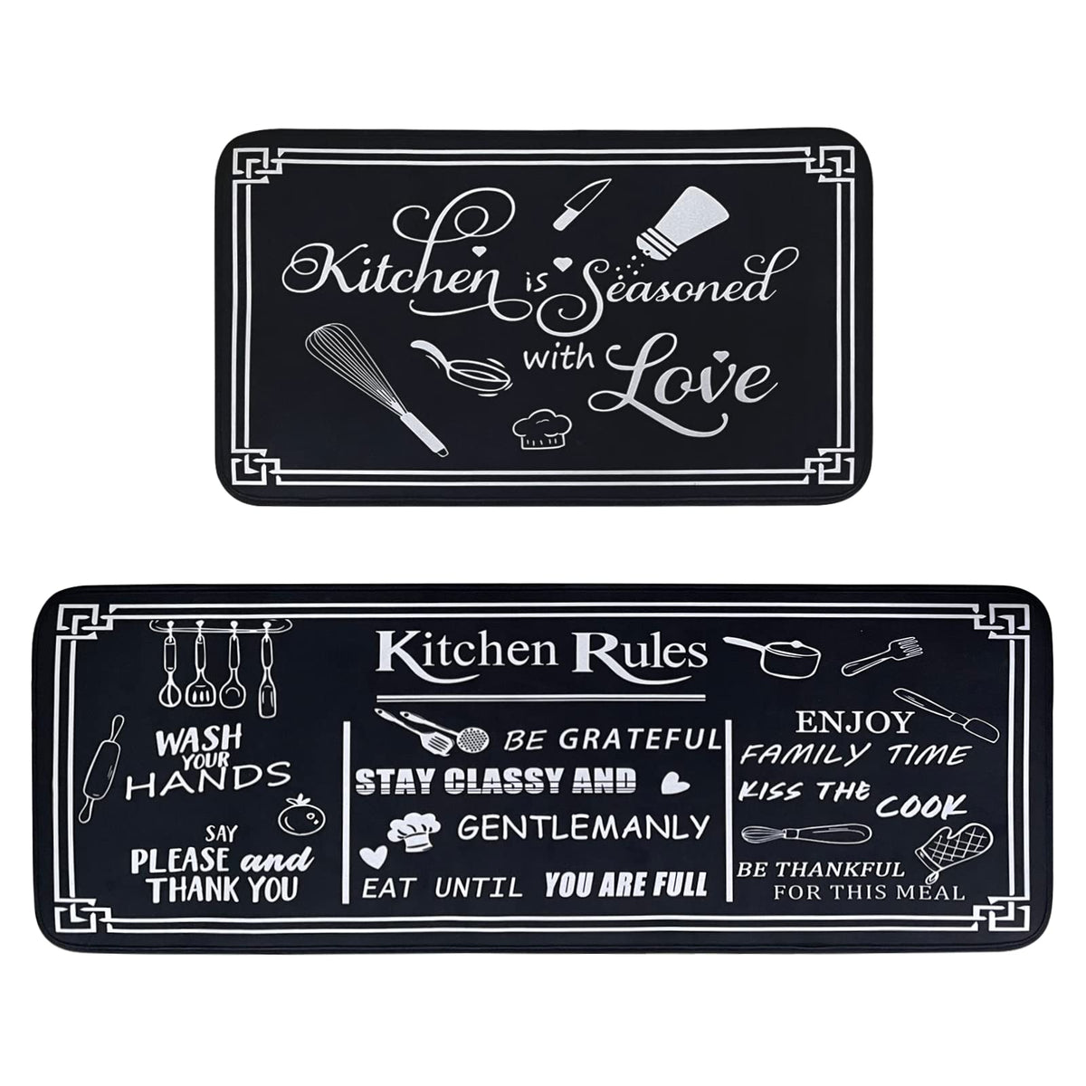 Voanos black and white kitchen rugs, 2-piece set with cushioned comfort on the floor