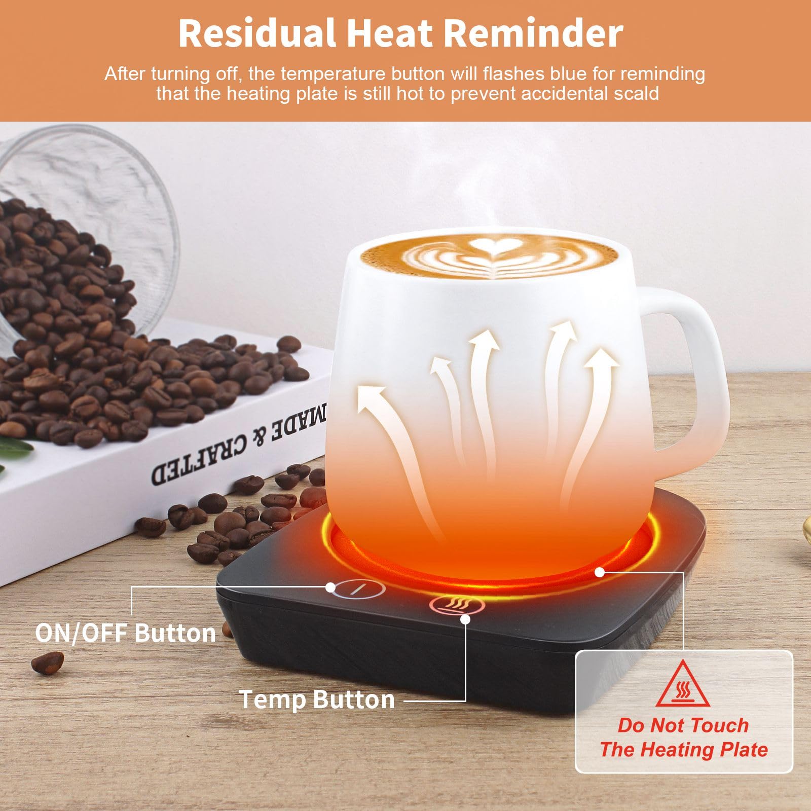 VOBAGA mug warmer shows auto shut-off for safer use.