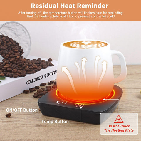 VOBAGA mug warmer shows auto shut-off for safer use.