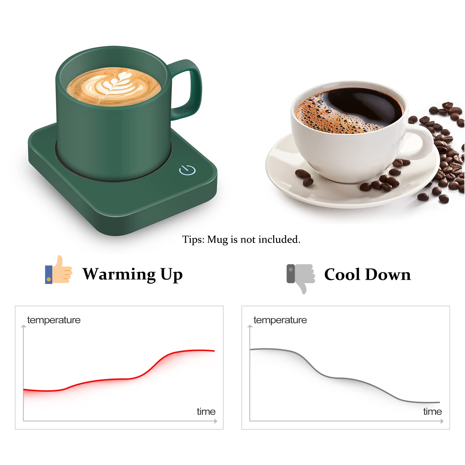 VOBAGA coffee mug warmer displays indicator when hot for safe handling.