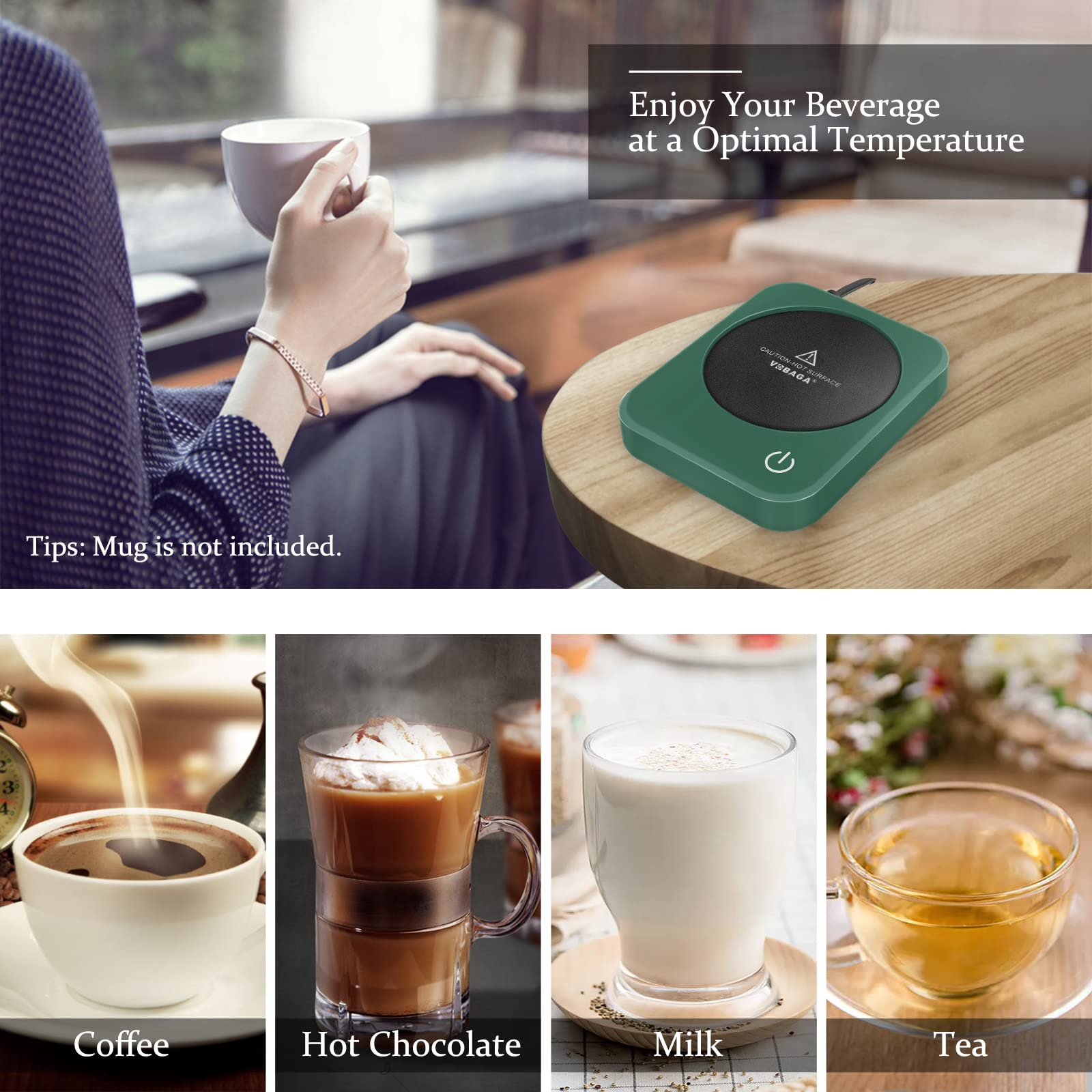 VOBAGA splash-proof plate protects surfaces while warming your drink.