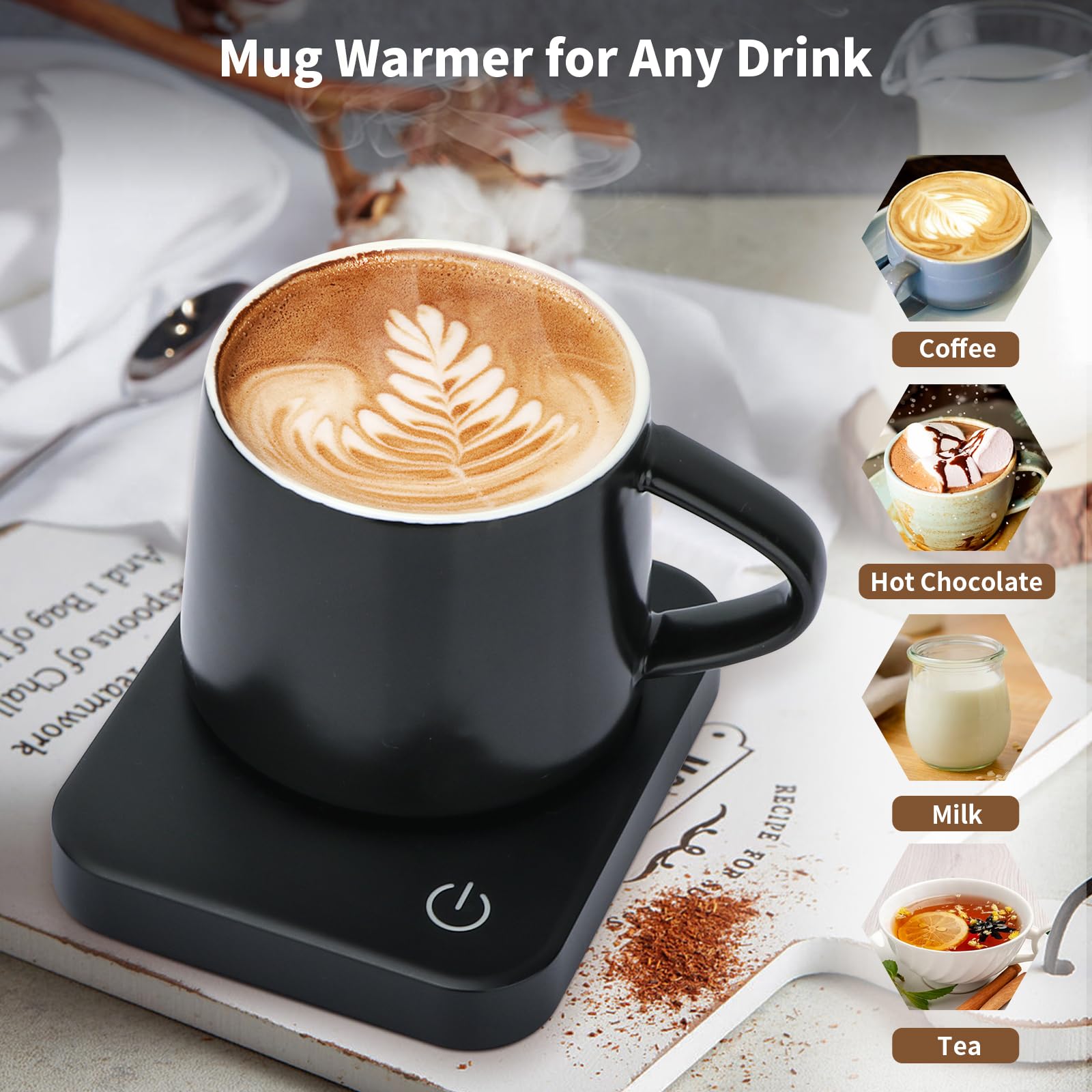 VOBAGA mug warmer displays temperature settings for precise warmth