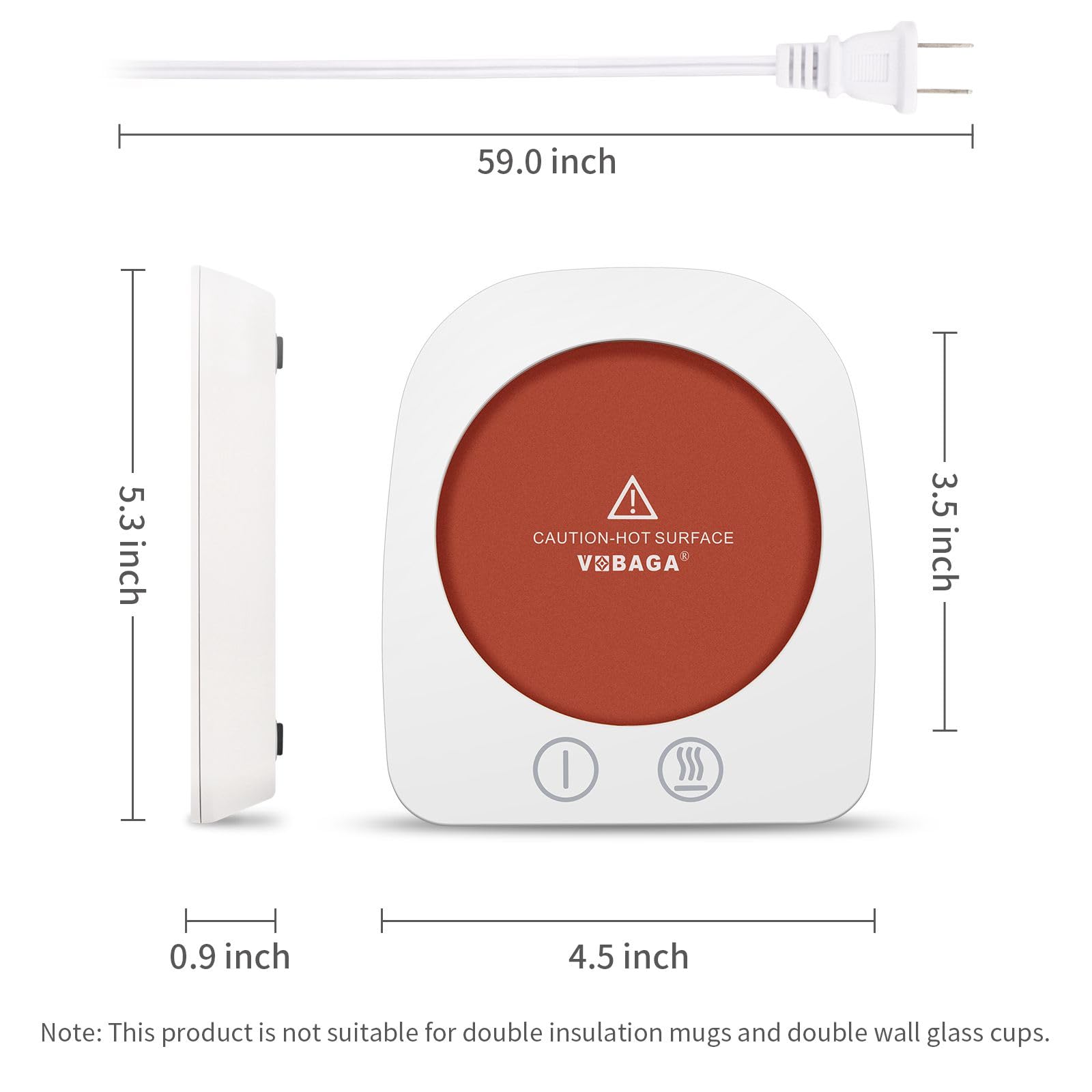 VOBAGA Coffee Warmer side view highlights slim profile for workspace fit.