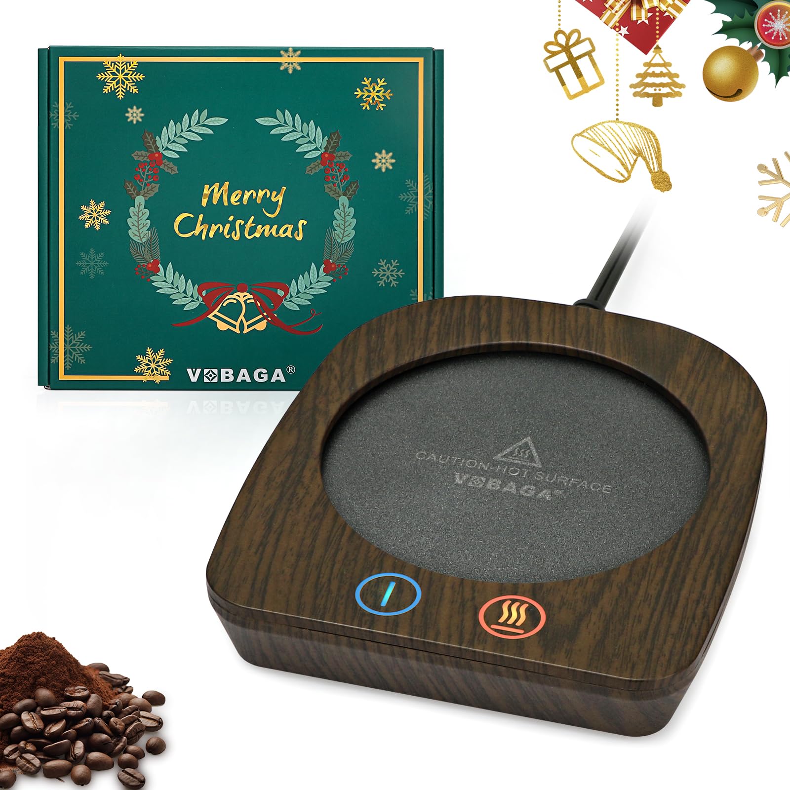 VOBAGA coffee warmer top view on a desk highlights its compact, desk-friendly design.