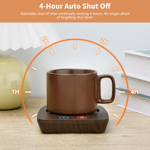 VOBAGA desk cup warmer setup demonstrates compatibility with ceramic mugs and stainless steel tumblers.