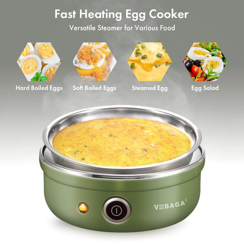 VOBAGA egg cooker green seven-egg tray in use during breakfast prep