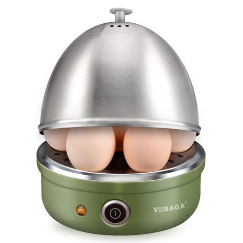 VOBAGA egg cooker green front view with seven-egg tray for quick breakfasts