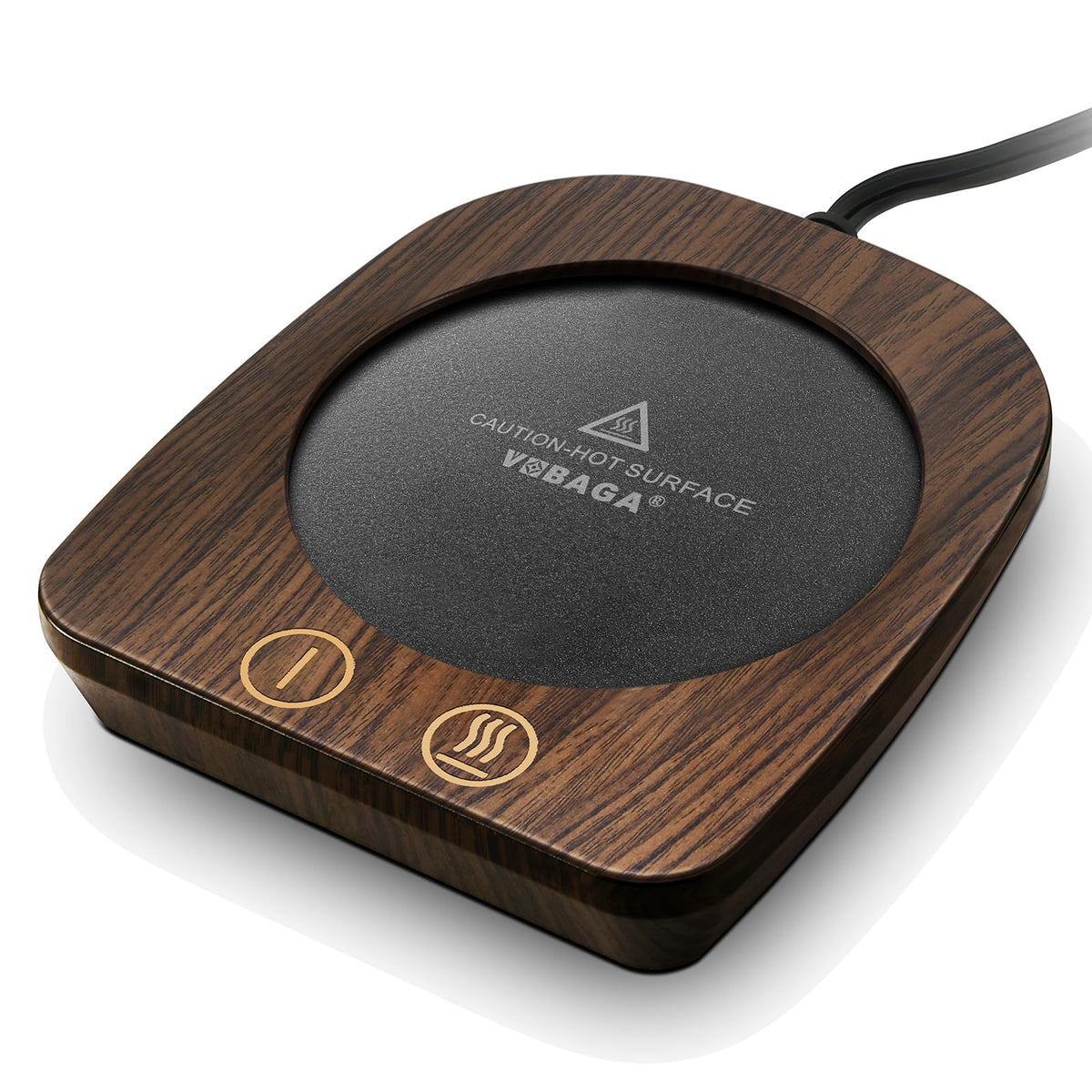 VOBAGA mug warmer top view with wood grain finish keeps beverages warm on the desk.