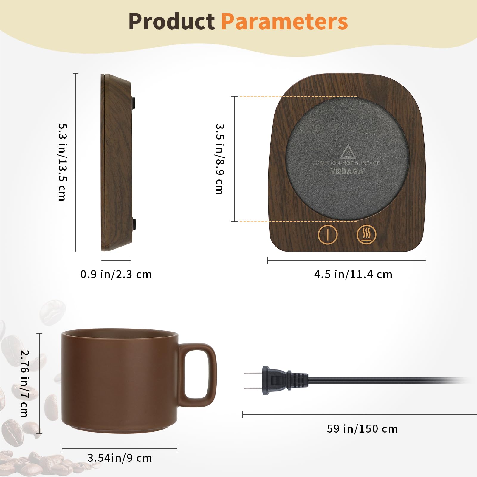 VOBAGA mug warmer highlights 3-temperature settings for customizable heat.