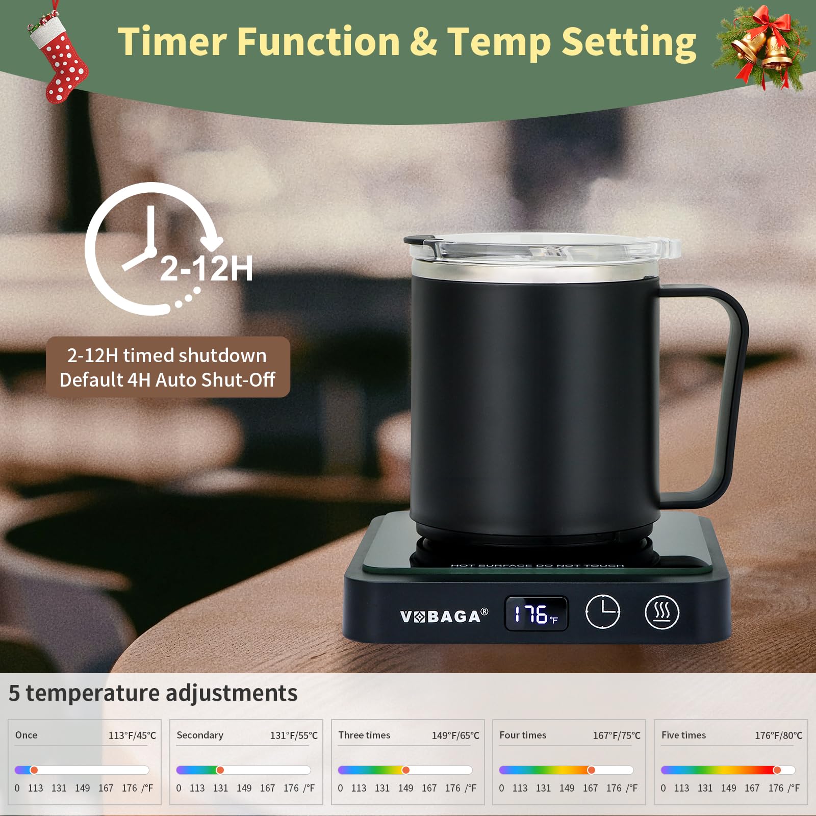 VOBAGA mug warmer digital display shows temperature and timer at a glance.