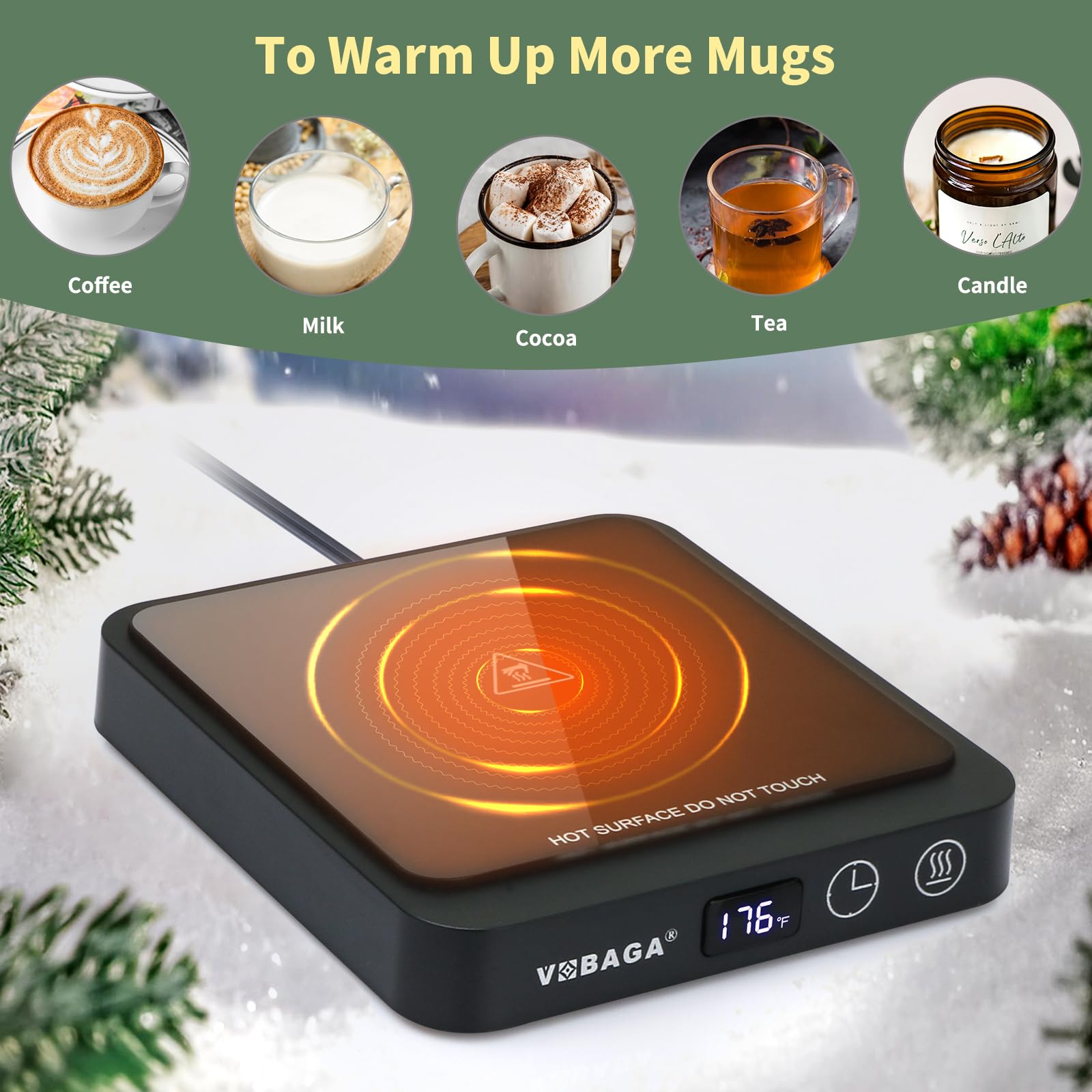 VOBAGA mug warmer compatibility works with stainless steel, glass, and ceramic mugs.