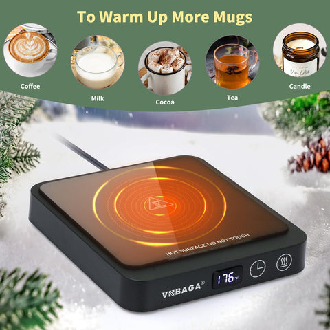 VOBAGA mug warmer compatibility works with stainless steel, glass, and ceramic mugs.
