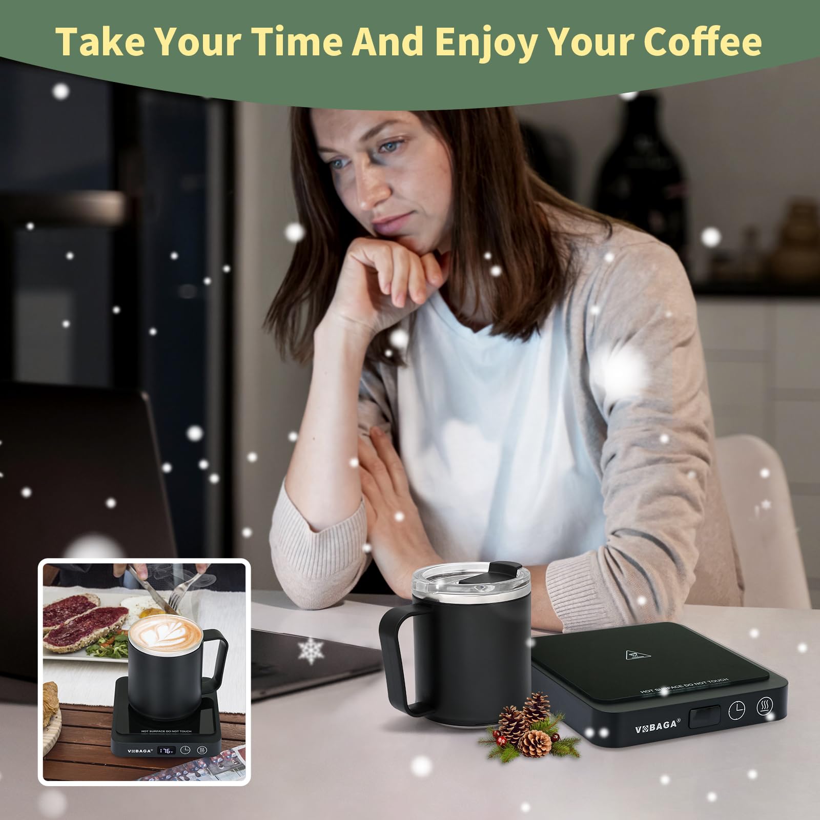 VOBAGA mug warmer features a sleek, compact design for any desk.