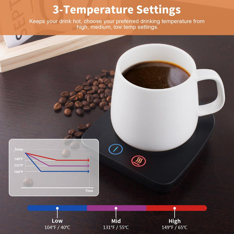 VOBAGA mug warmer with three temperature settings for customizable heat.