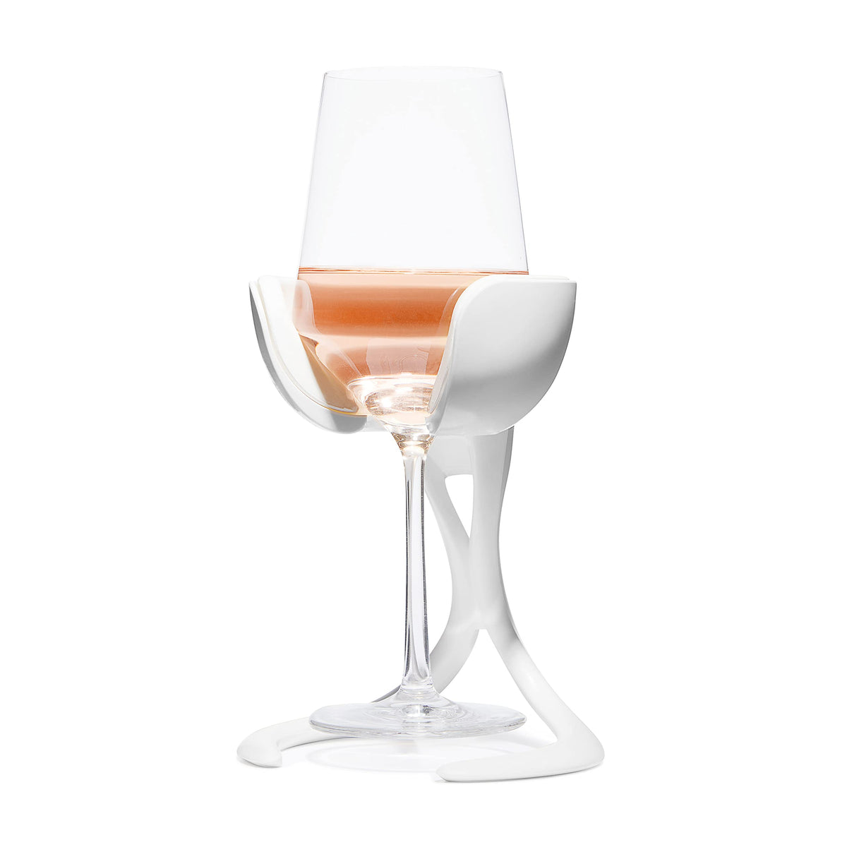 VoChill stemmed wine glass chiller on table preserves crisp whites without altering aroma.
