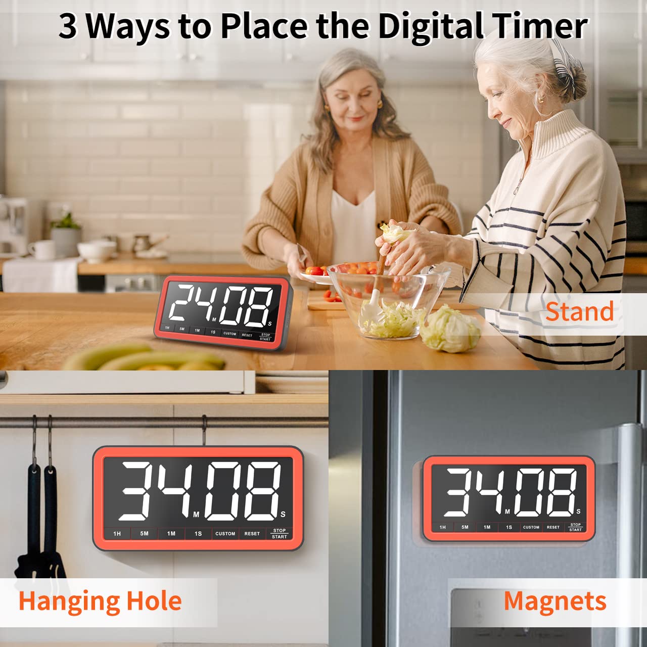 VOCOO timer with stand and hook for desktop or wall mounting.
