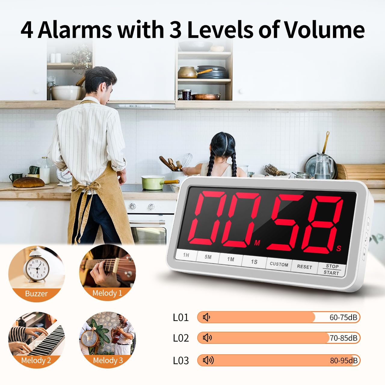 VOCOO timer offers four alarms and three volume levels for flexible alerts