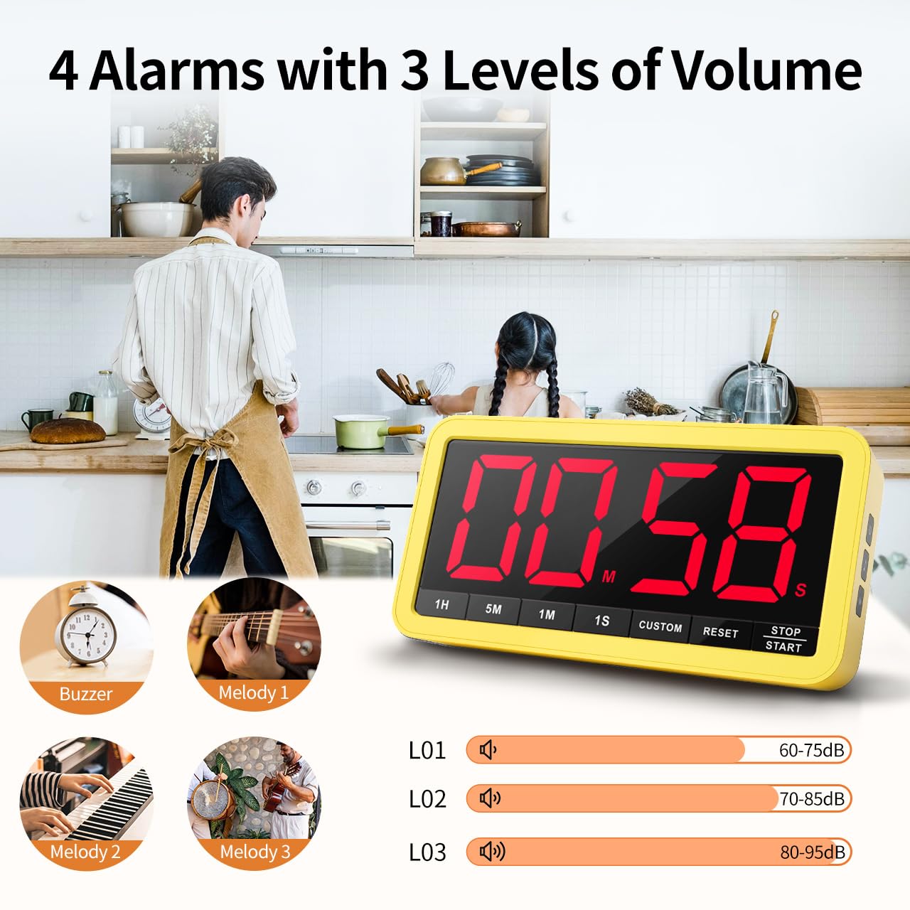 VOCOO timer offers four alarms with adjustable volumes.