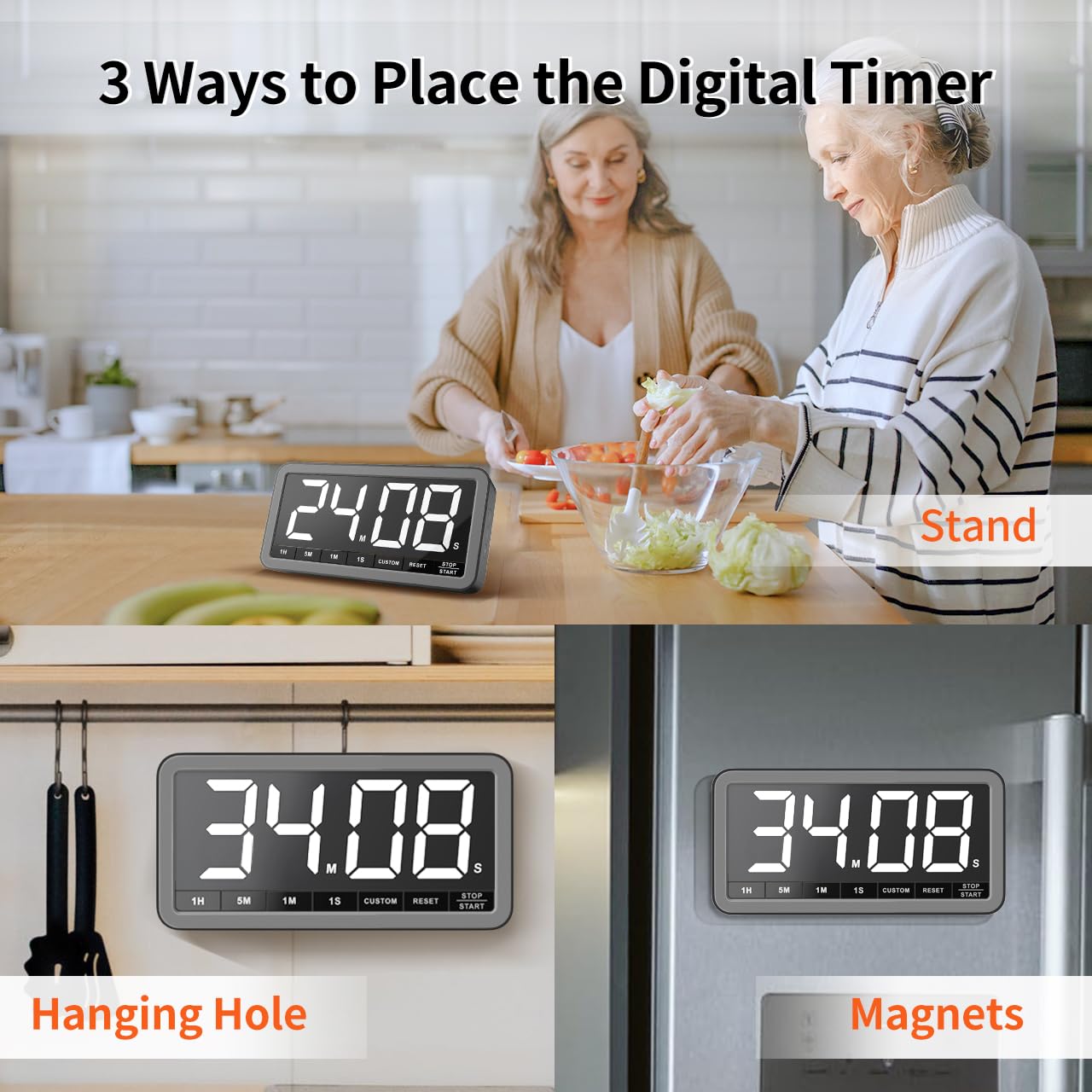 VOCOO timer features strong magnets and a hook for versatile mounting.
