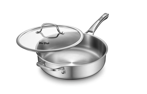 VocVoi 6-Quart Tri-Ply Sauté Pan top view highlights sleek stainless steel for even searing.