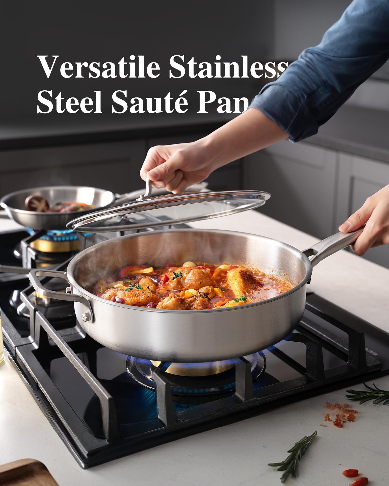 VocVoi 6-Quart Tri-Ply Sauté Pan with lid on a stovetop ready for simmering.
