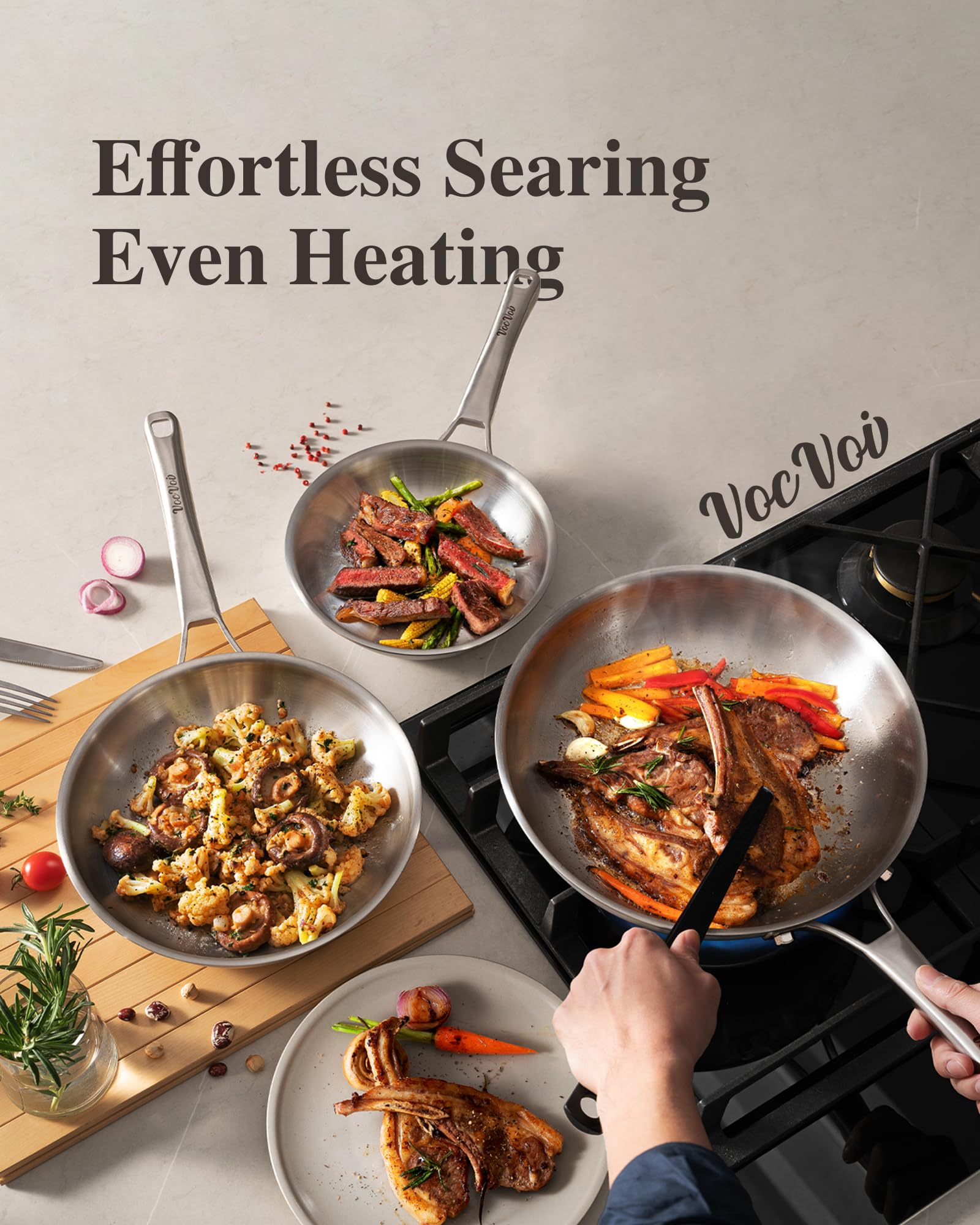 VocVoi pan on induction surface shows versatile stovetop compatibility and fast heating