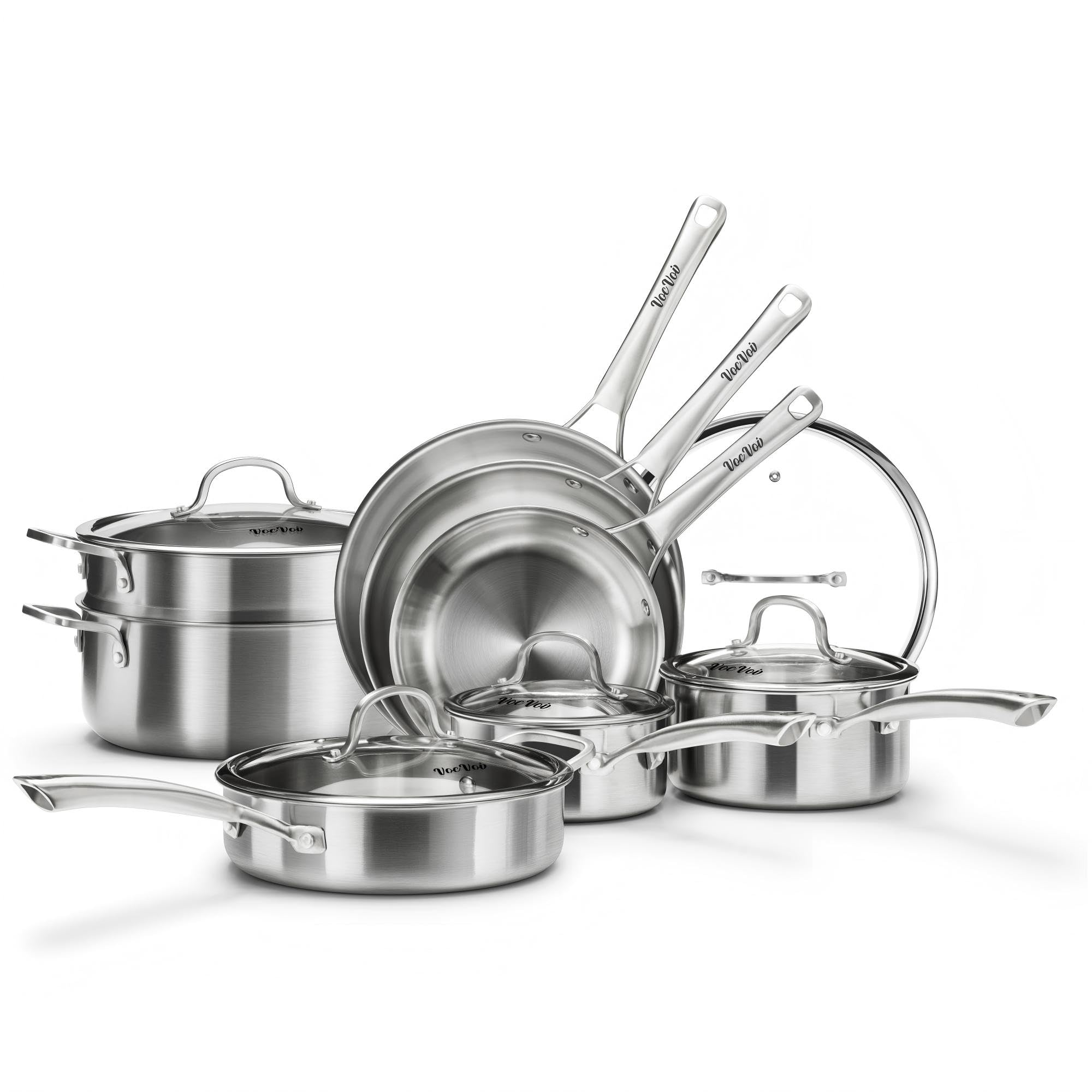 VocVoi 13-piece tri-ply set shown as a complete kitchen collection for versatile cooking