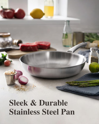 VocVoi tri-ply stainless steel pan handle offers secure grip and ergonomic control while cooking