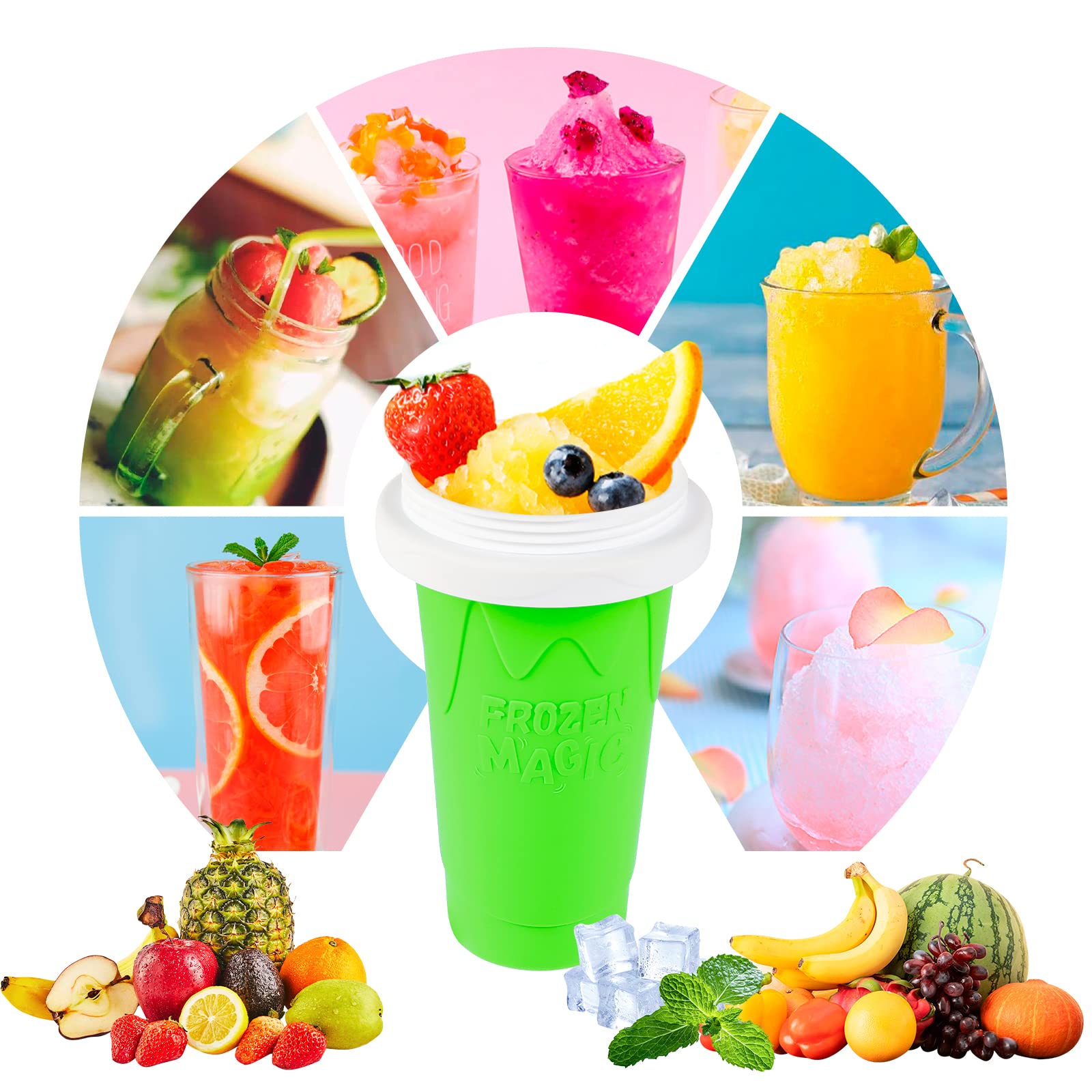 Close-up of the cup being squeezed to transform juice into a slushie