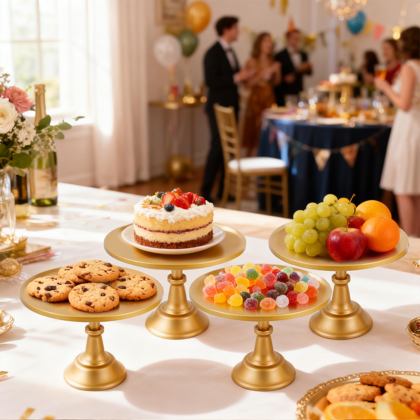 Voittoze gold cake stand on dessert table, compact base for chic setups.