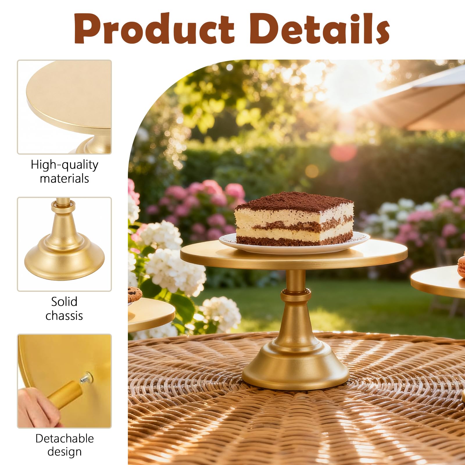 Voittozege gold cake stand at weddings and parties, elegant centerpiece for desserts.