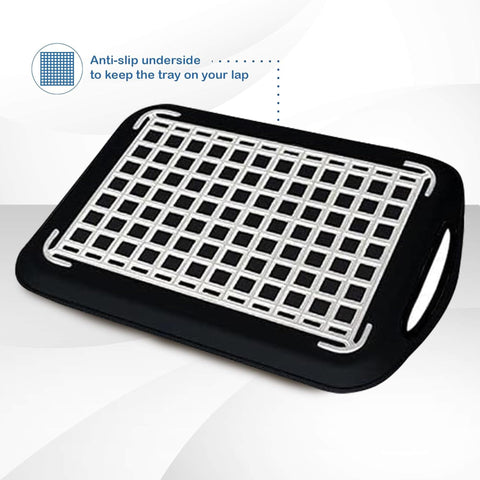 Volila couch-dining tray set enables convenient meals while watching TV.