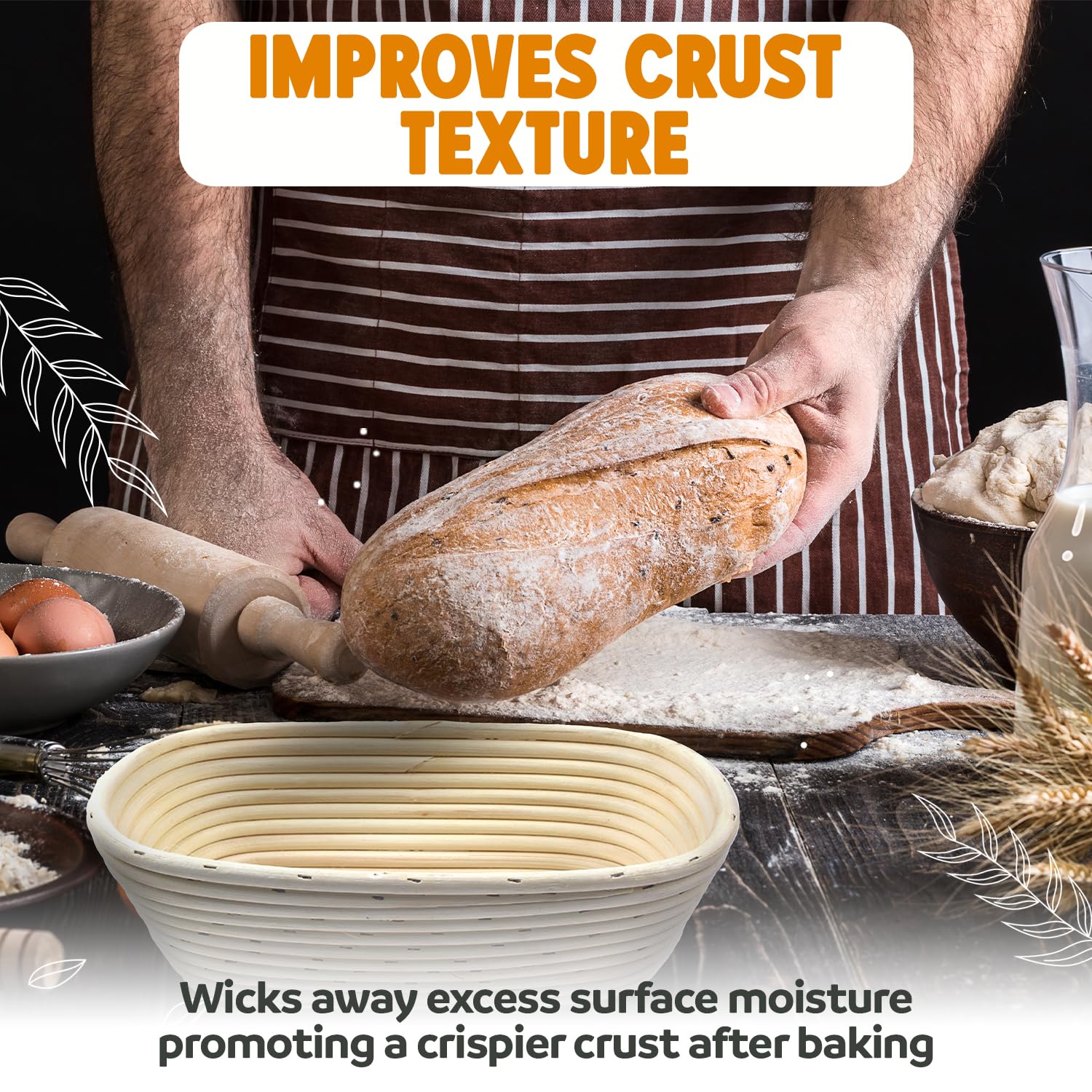 Vollum Banneton basket linen lining supports gentle, flour-dusted proofing