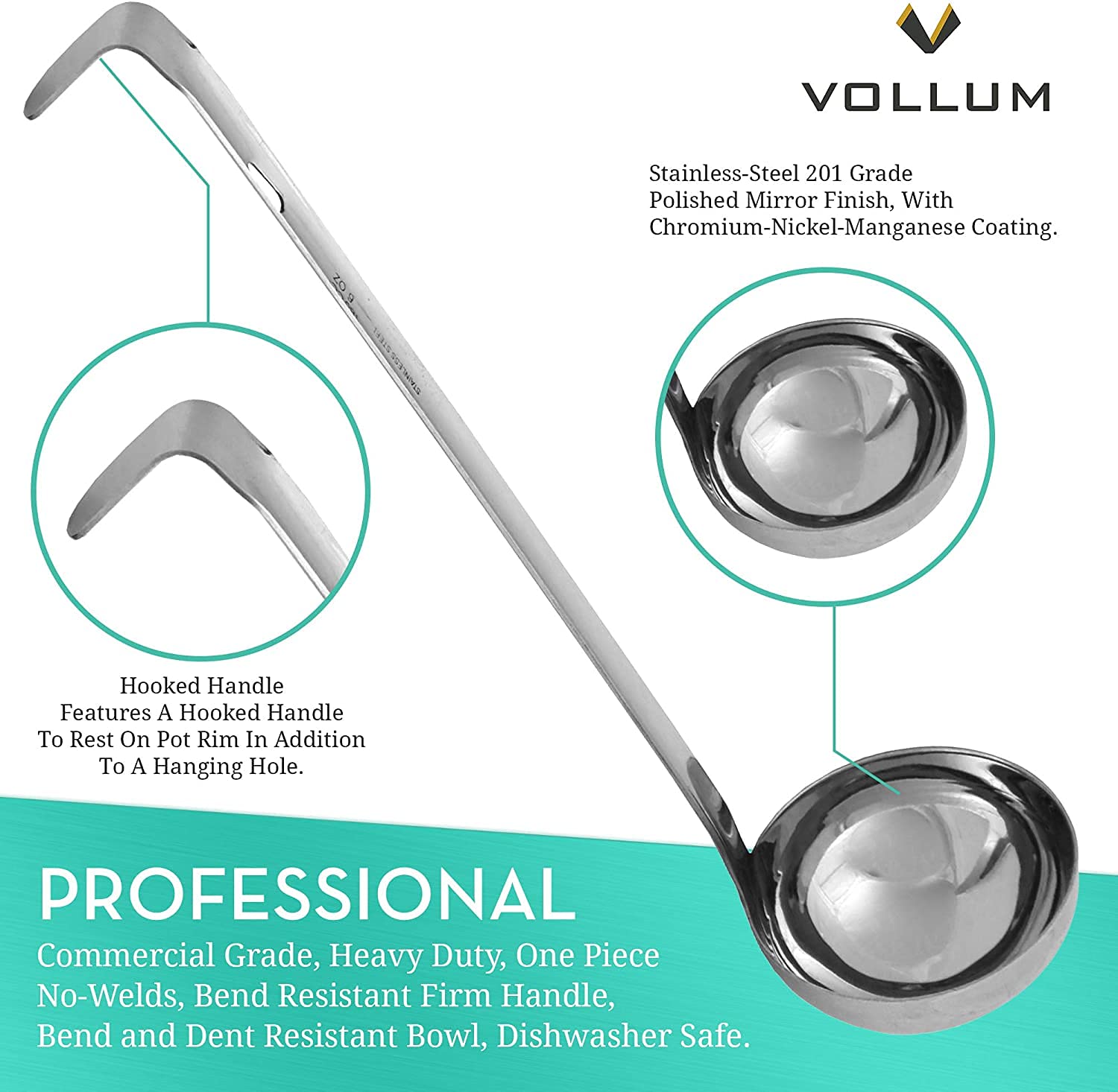 Vollum ladle handle view highlighting bend-resistant firm grip for heavy-duty service.