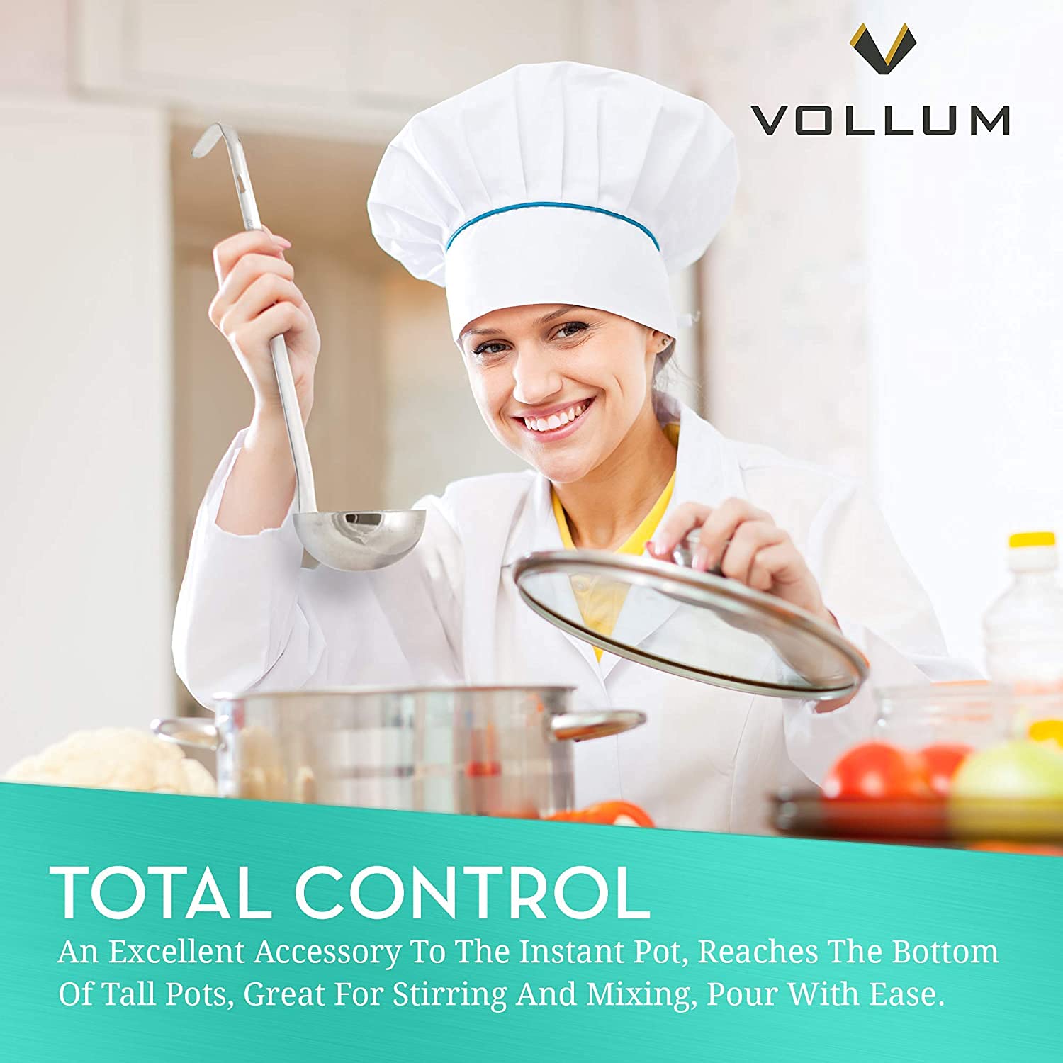 Vollum ladle with hang hole at handle top for easy wall storage.