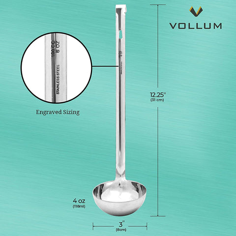 Vollum ladle design features curve and top-handle for seamless grabbing.
