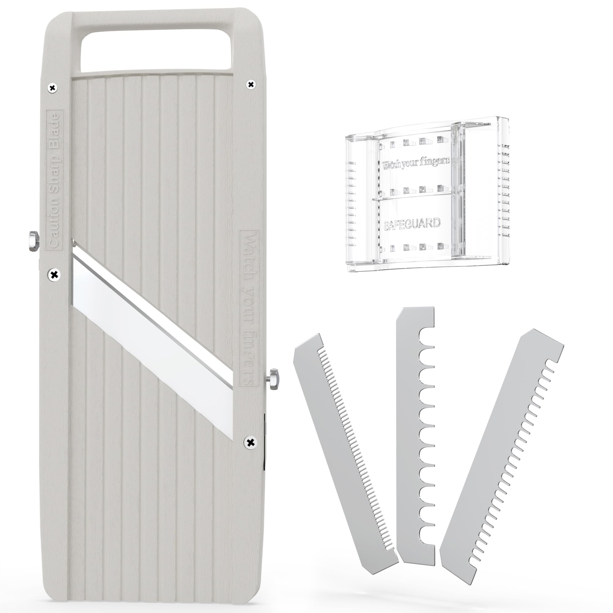 Vollum Wide Mandoline interchangeable blades for fine to coarse slicing.