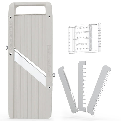 Vollum Wide Mandoline interchangeable blades for fine to coarse slicing.