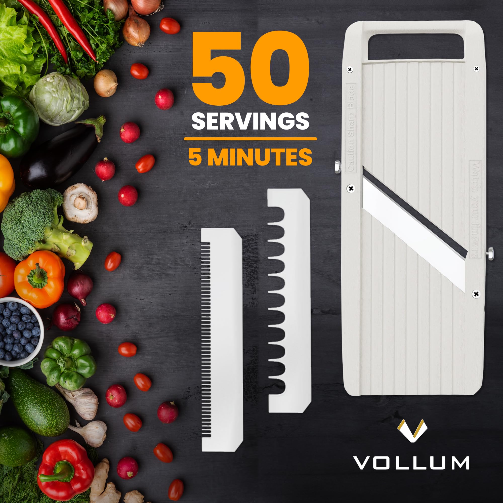 Vollum Wide Mandoline coarse blade for chunky cuts and bulk prep.