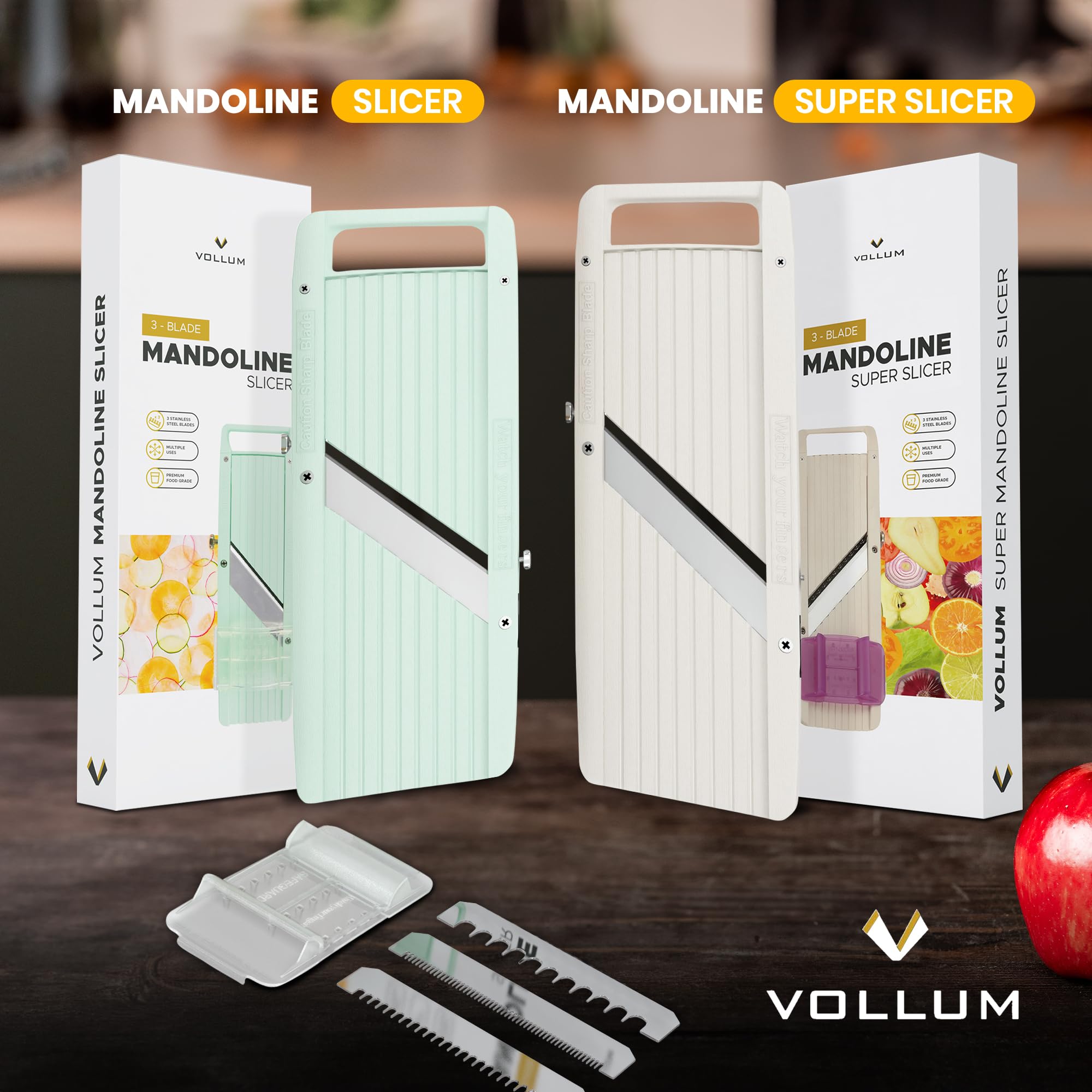 Vollum Wide Mandoline compact size fits small kitchens and drawers.
