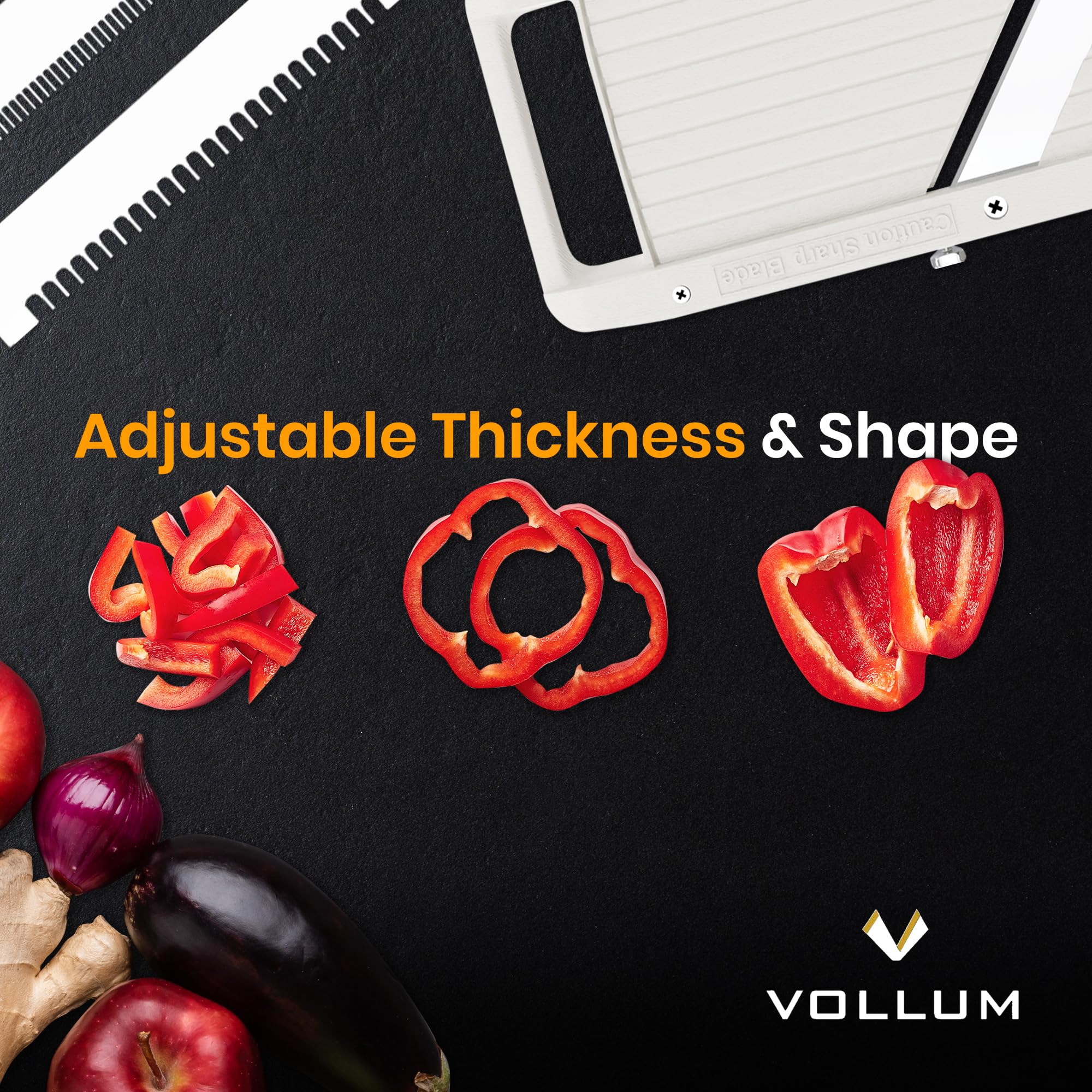 Vollum Wide Mandoline thin slice blade for delicate cuts.